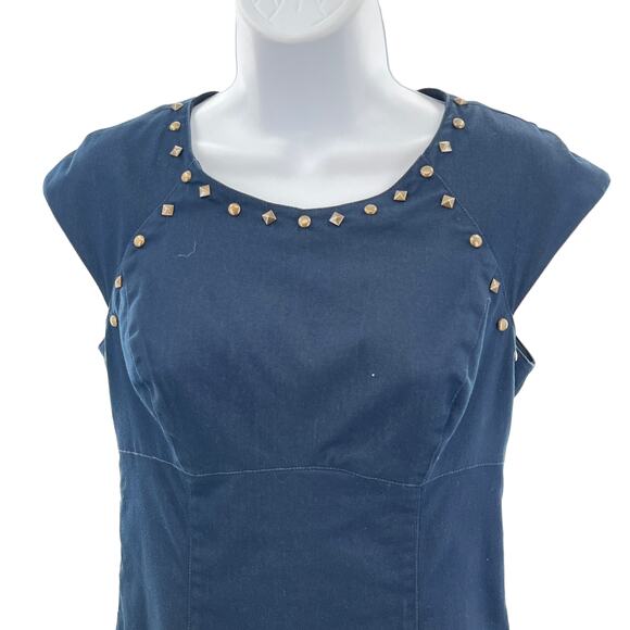 Betsey Johnson Navy Blue Cap Sleeve Gold Studded Detail Shift Dress Women Sz 2 - Picture 4 of 10